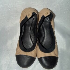 Tory Burch Minnie Cap Toe Ballet Flats Nude Black Leather Sole 8 M Travel Fold